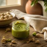 Pot de crème de pistache maison sur une table en bois
