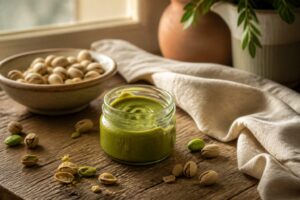 Pot de crème de pistache maison sur une table en bois