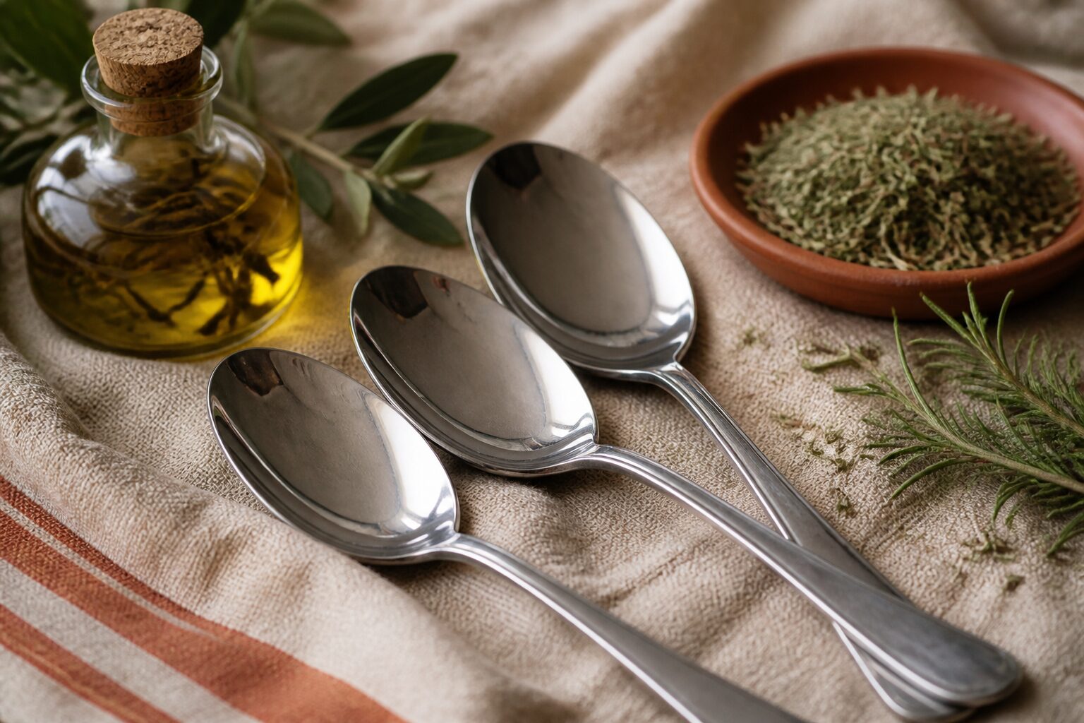 Cuillères à soupe et herbes de Provence sur torchon en lin, mesures en cuisine méditerranéenne