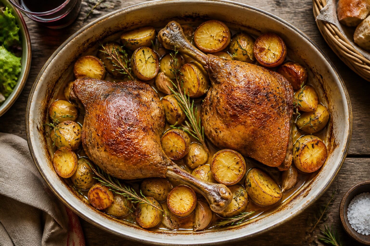 Cuisse de canard au four avec pommes de terre dorées