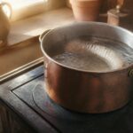 Cuisson de l'andouille à l'eau dans un faitout en cuivre, vapeur légère, lumière naturelle dorée