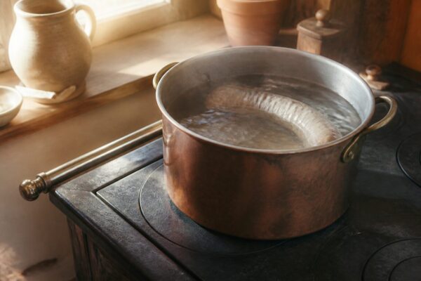 Cuisson de l'andouille à l'eau dans un faitout en cuivre, vapeur légère, lumière naturelle dorée