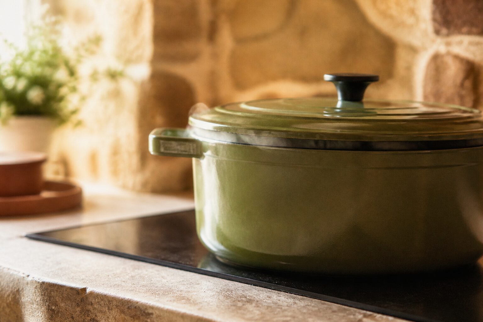 Cocotte en fonte couverte sur une plaque à gaz, vapeur légère qui s'échappe, lumière naturelle de cuisine provençale, palette terracotta et pierre