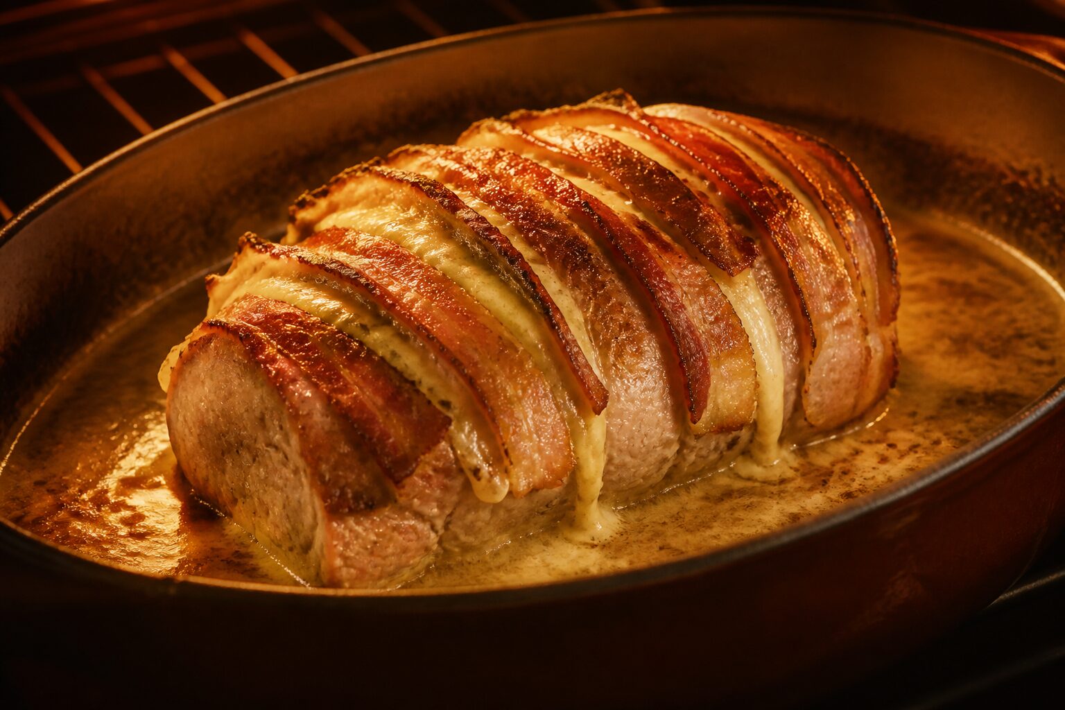 Roti de porc Orloff en cours de cuisson au four, fromage fondu visible