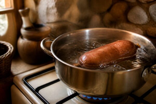 Cuisson saucisse de Morteau entière dans une casserole frémissante sur feu doux