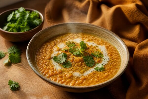 Dahl de lentilles corail crémeux servi en bol avec coriandre fraîche