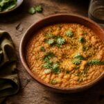bol de dahl lentille corail crémeux garni de coriandre fraîche et huile d'olive