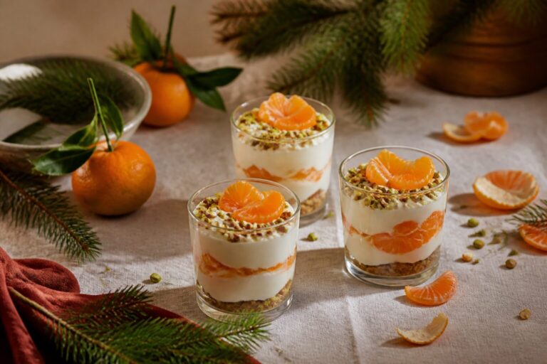 Dessert de Noël : verrine clémentines, miel et pistaches