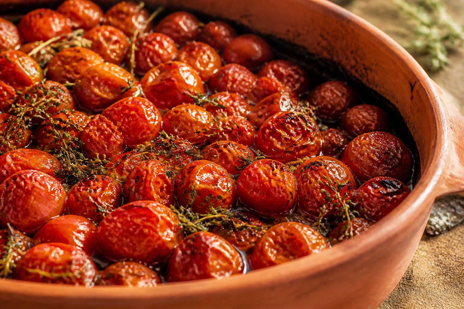 Tomates cerises rôties à l'huile d'olive et herbes de Provence dans un plat en terre cuite