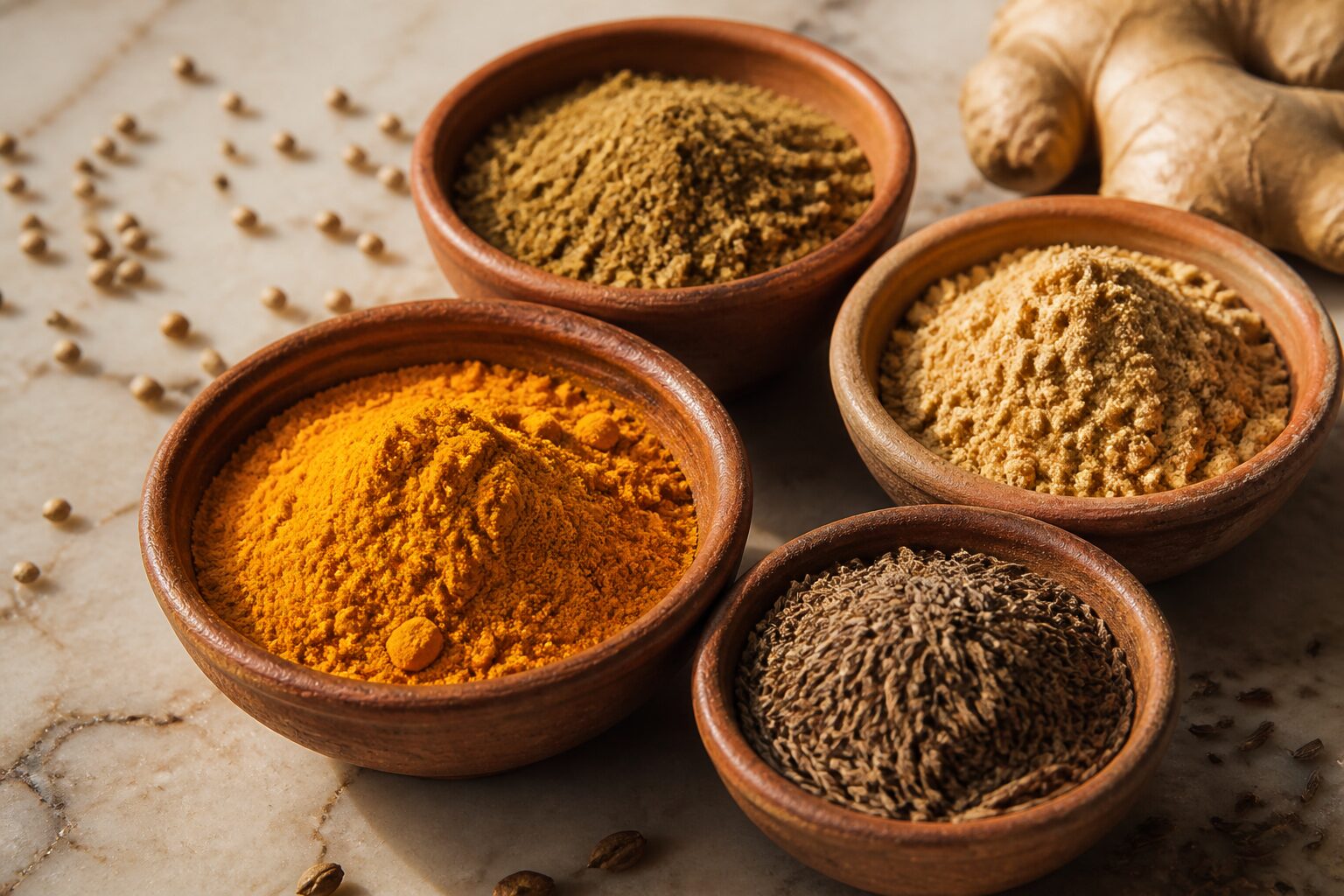 Épices pour dahl : curcuma, cumin et coriandre dans des bols en terre cuite