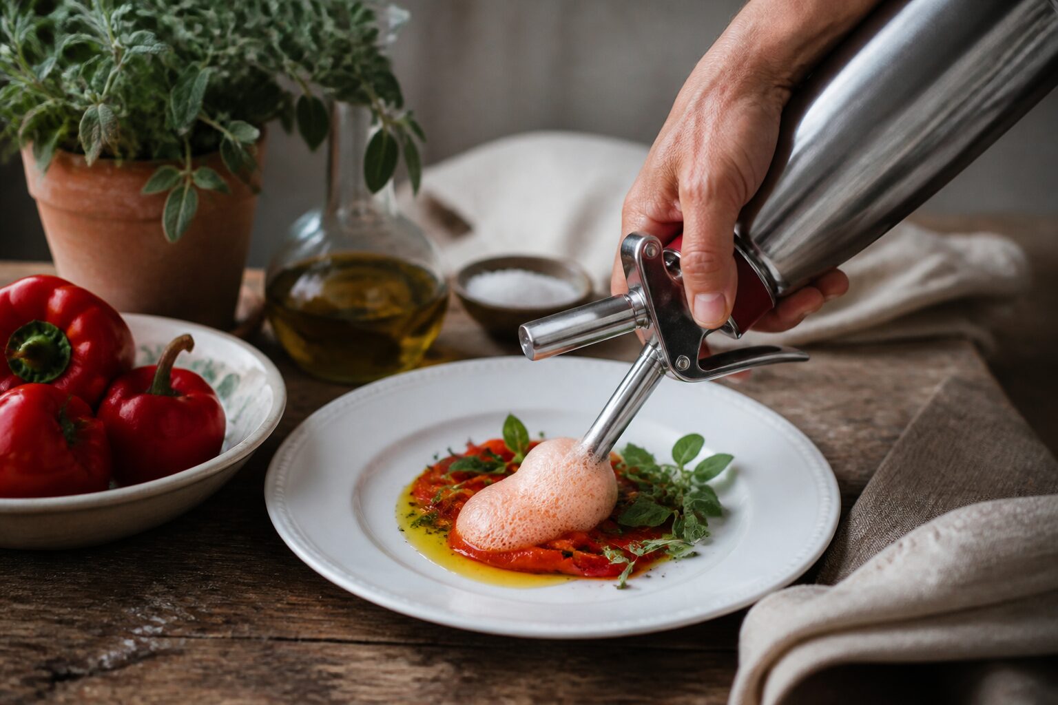 Espuma de poivron rouge dans une assiette blanche herbes fraiches et filet d huile d olive