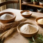 Bols de farines sans gluten variées sur une table en bois provençale