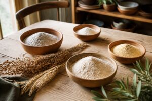 Bols de farines sans gluten variées sur une table en bois provençale