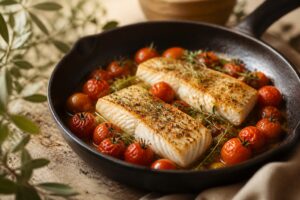 Filets de julienne dorés aux tomates cerises provençales et herbes de Provence