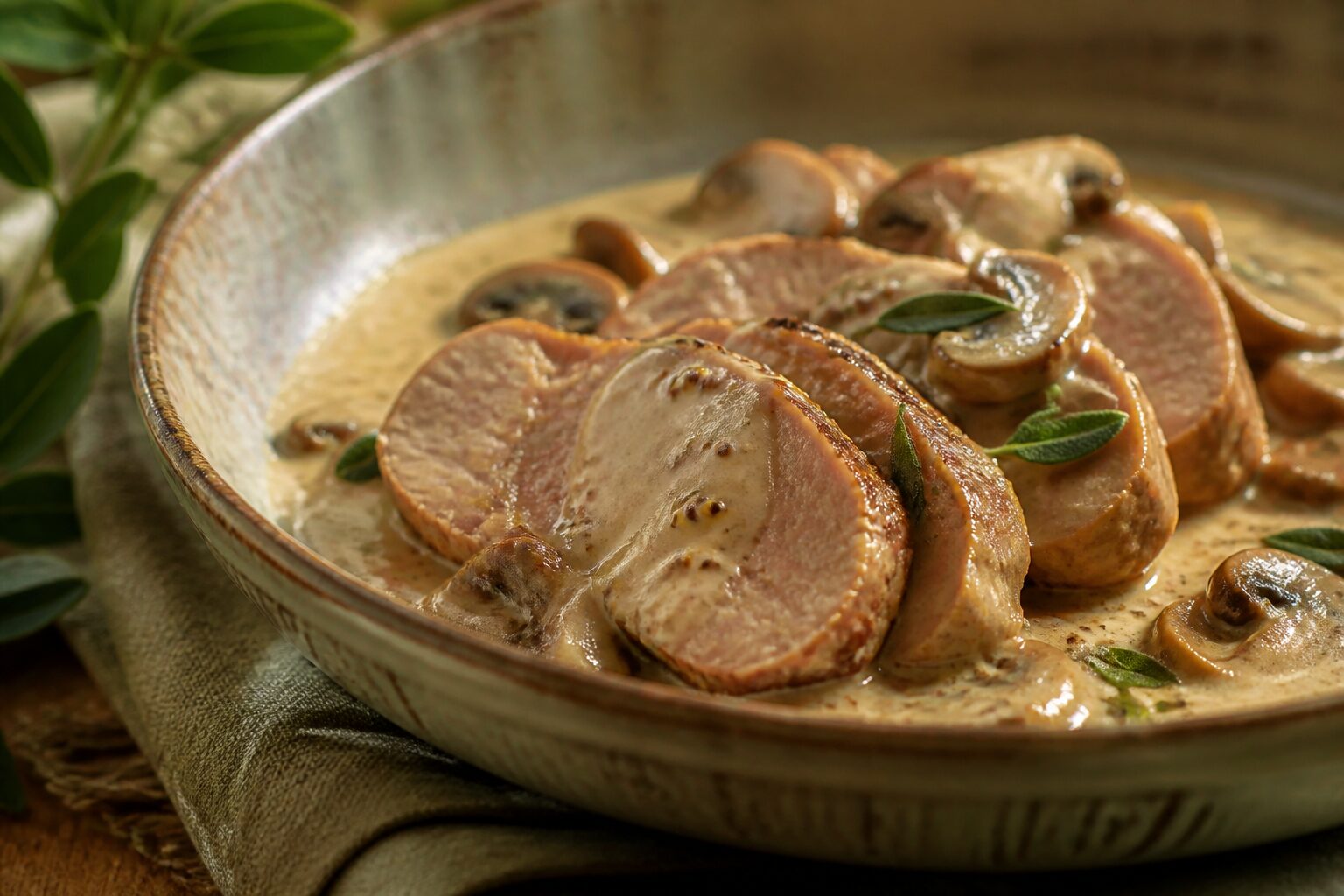 Filet mignon de porc en sauce moelleux tranché dans une assiette provençale