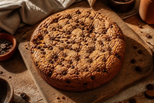 Gâteau aux pépites de chocolat moelleux à l'huile d'olive, servi en tranches sur une planche en bois