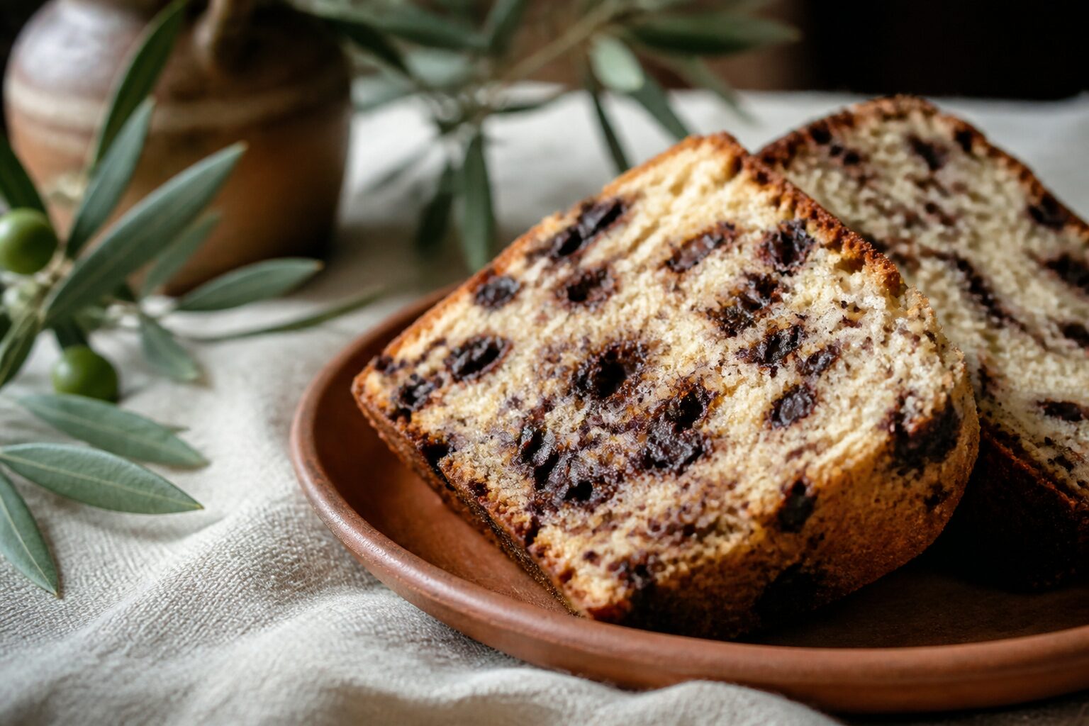 Tranches de gâteau moelleux aux pépites de chocolat sur une assiette en terre cuite, pépites fondantes visibles