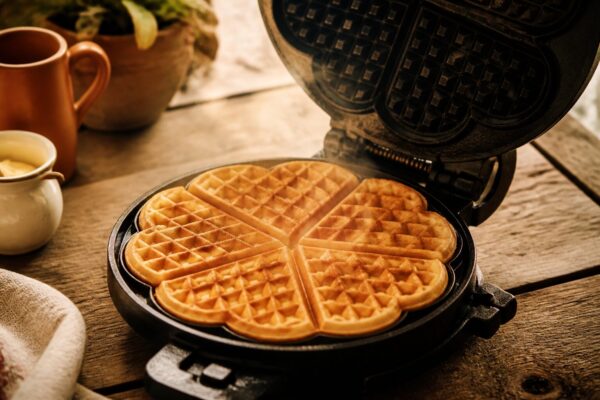 Gaufre recette grand-mere : pâte dorée dans un gaufrier en fonte, lumière chaude provençale