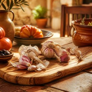 Gousses d'ail fraîches sur fond de bois provençal, couleurs terracotta et crème