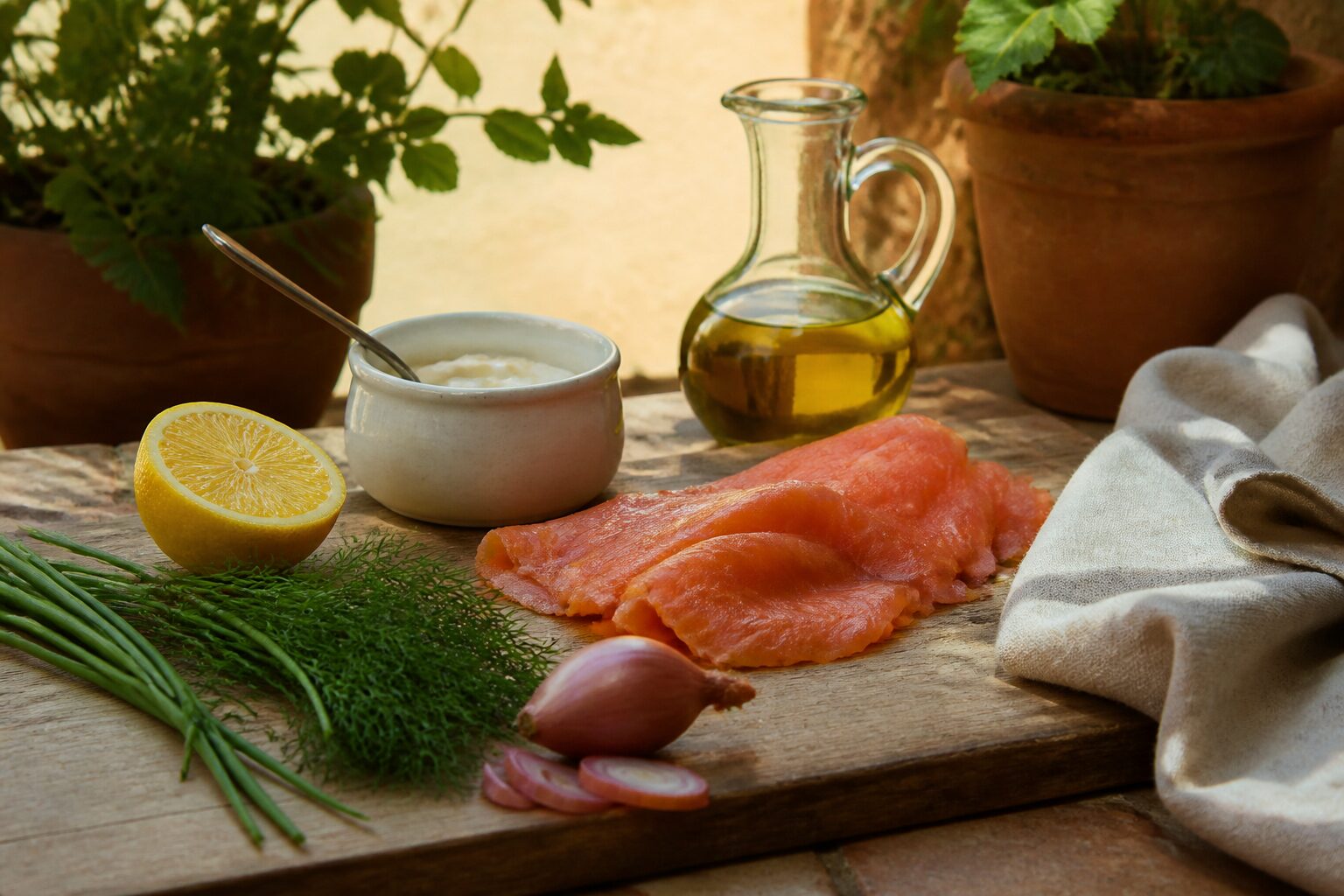Ingrédients saumon fumé citron herbes fraîches sur planche provençale