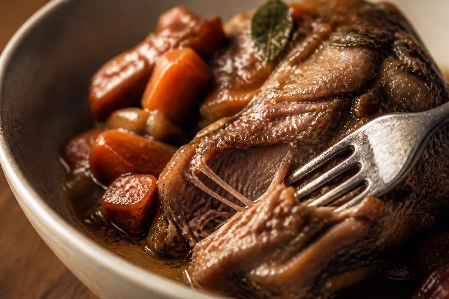 Gros plan sur une joue de porc fondante nappée de sauce au vin rouge, servie dans une assiette creuse avec des carottes mijotées