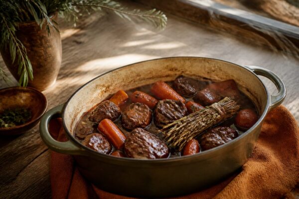 Cocotte de joue de porc façon grand-mère mijotée au vin rouge avec carottes et bouquet garni