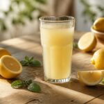 Un verre de jus de citron frais pressé entouré de citrons jaunes sur une table en bois