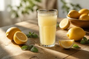 Un verre de jus de citron frais pressé entouré de citrons jaunes sur une table en bois