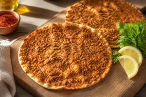 Lahmacun fraichement cuits sur planche, garnis de viande epicee avec citron et herbes