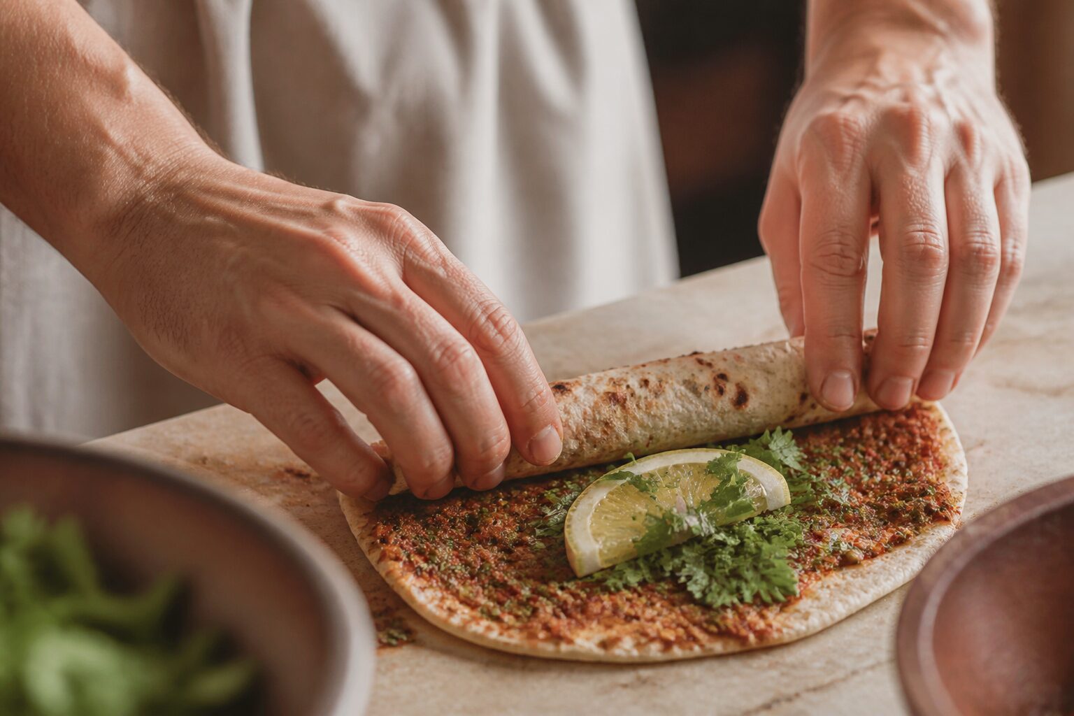 Mains qui roulent un lahmacun avec herbes fraîches et citron, lahmacun recette traditionnelle