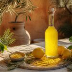 Bouteille de limoncello recette maison jaune soleil entourée de citrons bio et zestes sur table provençale