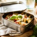 Lunch box en inox ouverte avec riz de Camargue, tomates et basilic frais sur table en bois