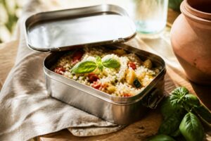 Lunch box en inox ouverte avec riz de Camargue, tomates et basilic frais sur table en bois