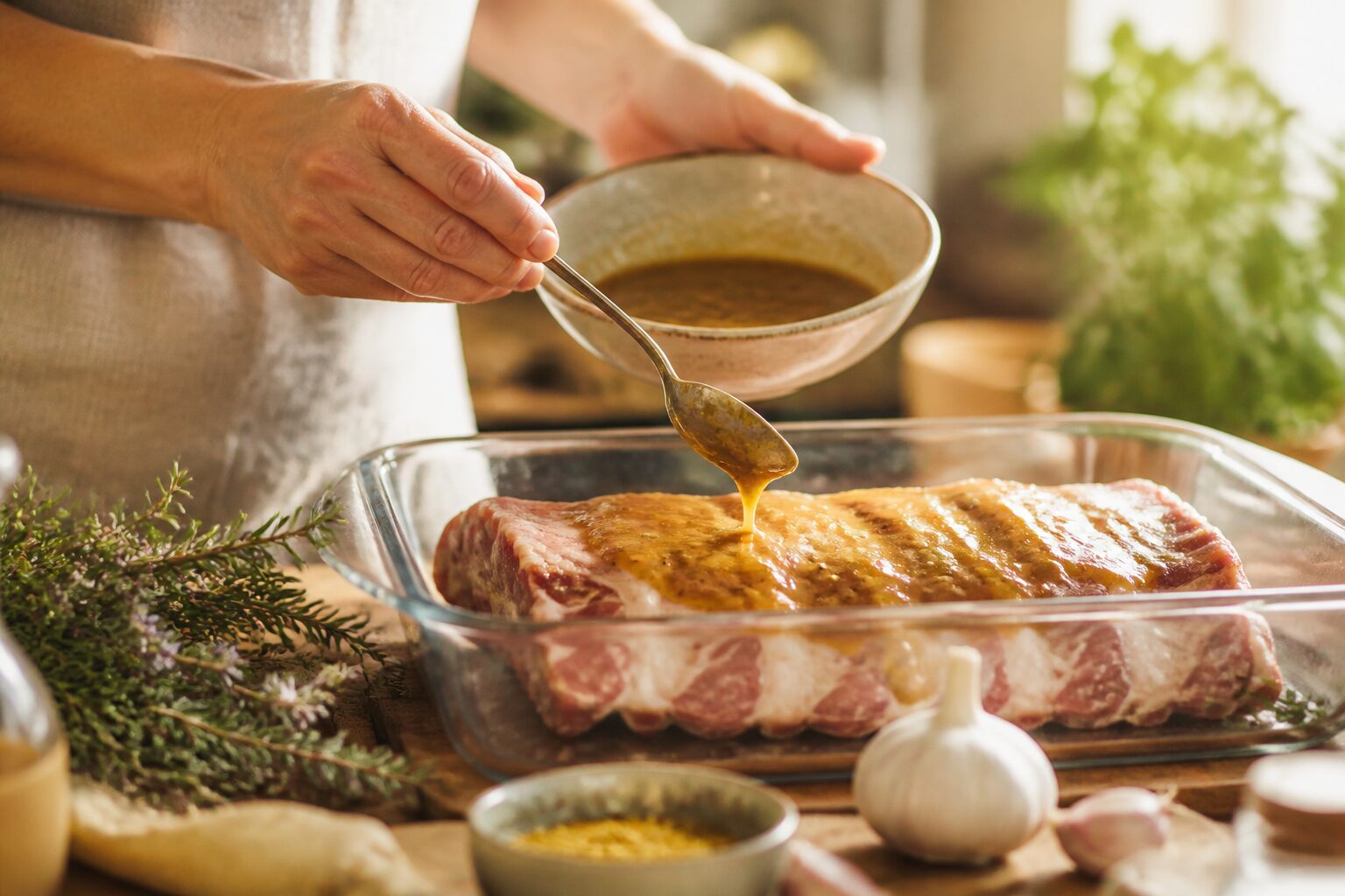 Marinade miel moutarde herbes de Provence versée sur des côtes de porc crues