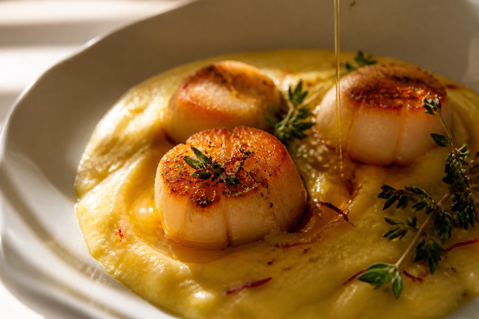 Noix de Saint-Jacques poêlées dorées sur purée safranée avec huile d'olive et herbes de Provence