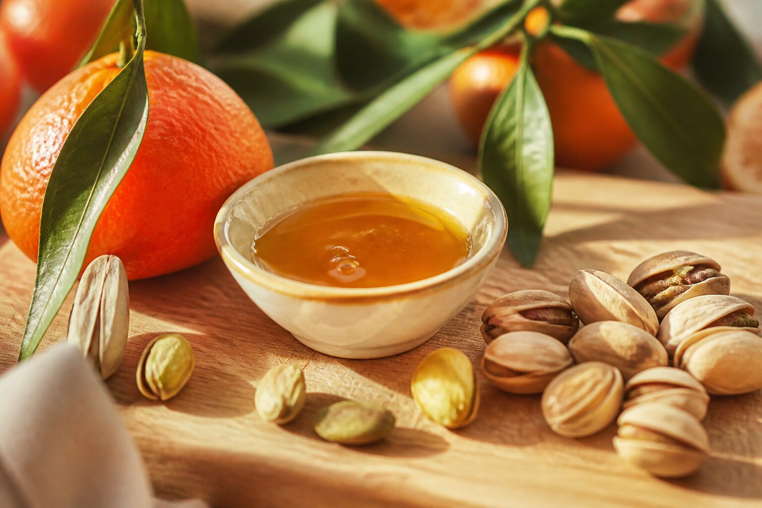 Miel de Provence, clémentines et pistaches, ingrédients du dessert de noel frais et léger