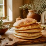 Pain libanais maison doré empilé sur planche en bois