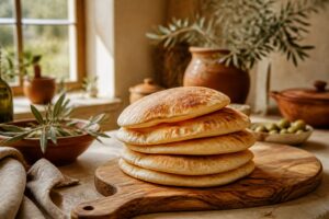 Pain libanais maison doré empilé sur planche en bois