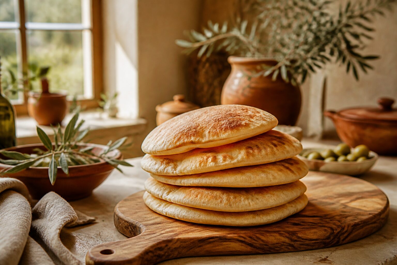 Pain libanais maison doré empilé sur planche en bois
