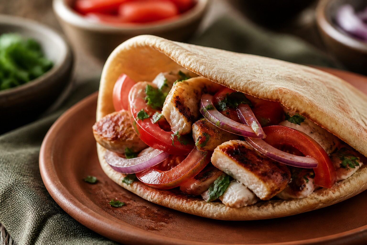 Pain libanais garni de chawarma et légumes frais