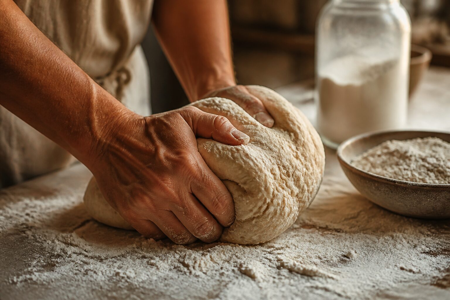 Mains pétrissant une pâte à pain sans gluten sur un plan de travail fariné