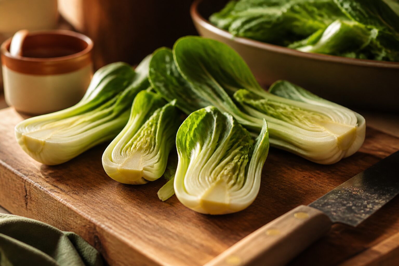 Tiges de chou pak choi fraîchement coupées sur une planche en bois