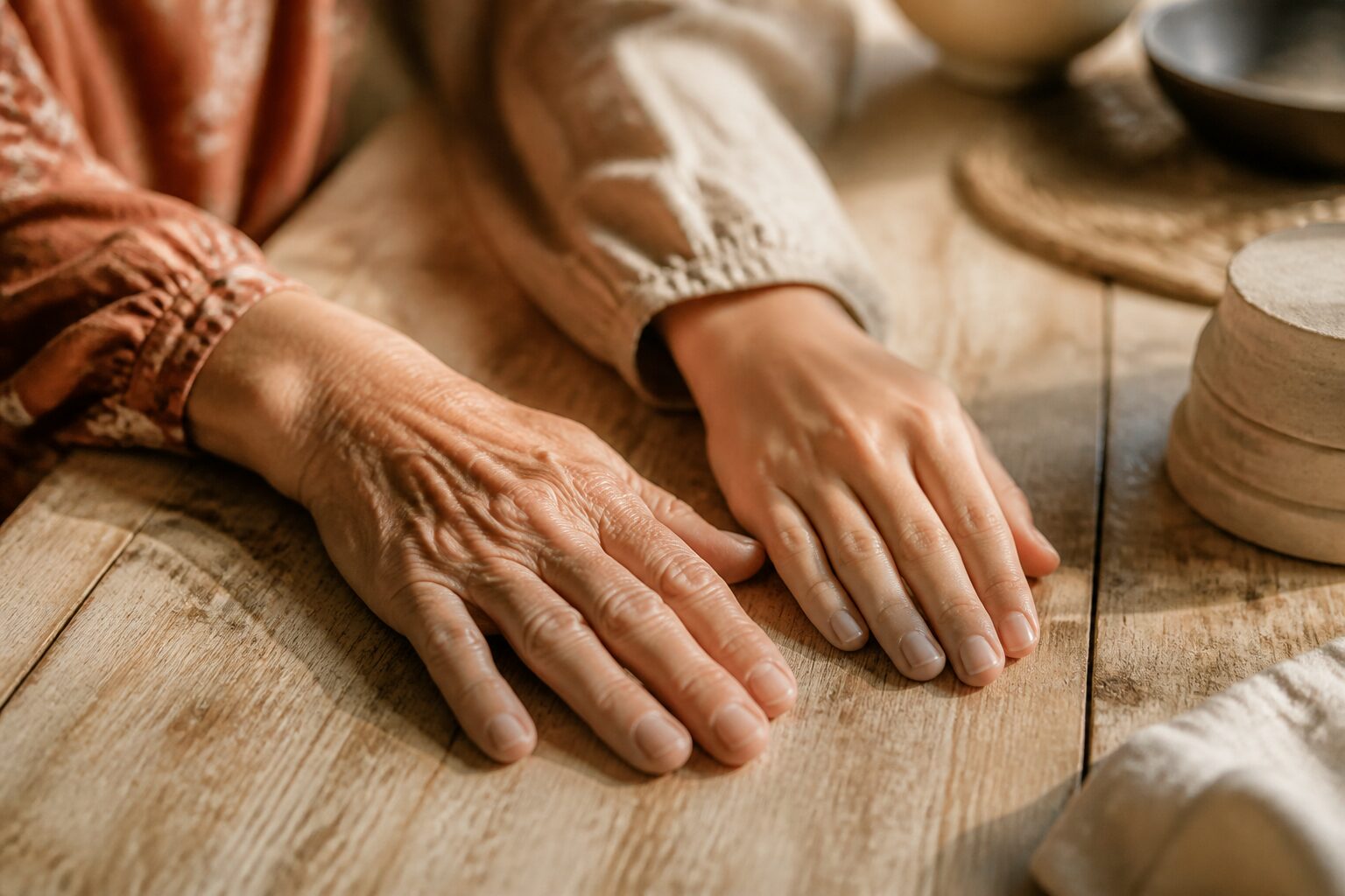 Mains posées sur une table en bois rustique, lumière latérale chaude, atmosphère familiale méridionale