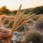 Épis de petit épeautre dorés tenus à la main dans un champ de Haute-Provence au coucher du soleil
