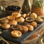 Assortiment de petits fours salés provençaux sur ardoise, tartelettes à la tapenade et feuilletés aux herbes de Provence