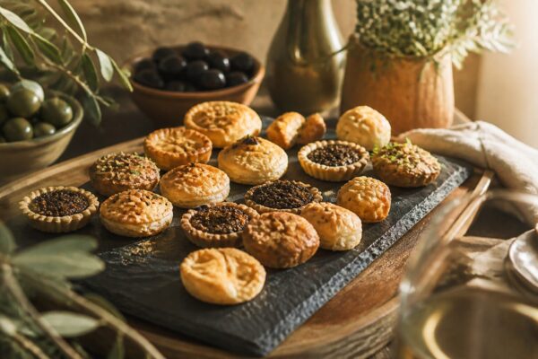 Assortiment de petits fours salés provençaux sur ardoise, tartelettes à la tapenade et feuilletés aux herbes de Provence