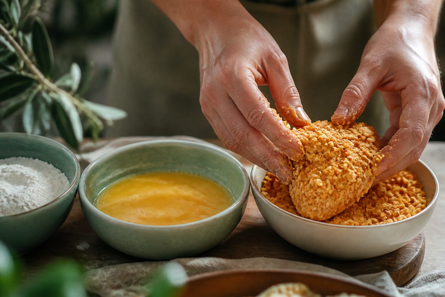 Enrobage des tenders de poulet dans trois bols de panure