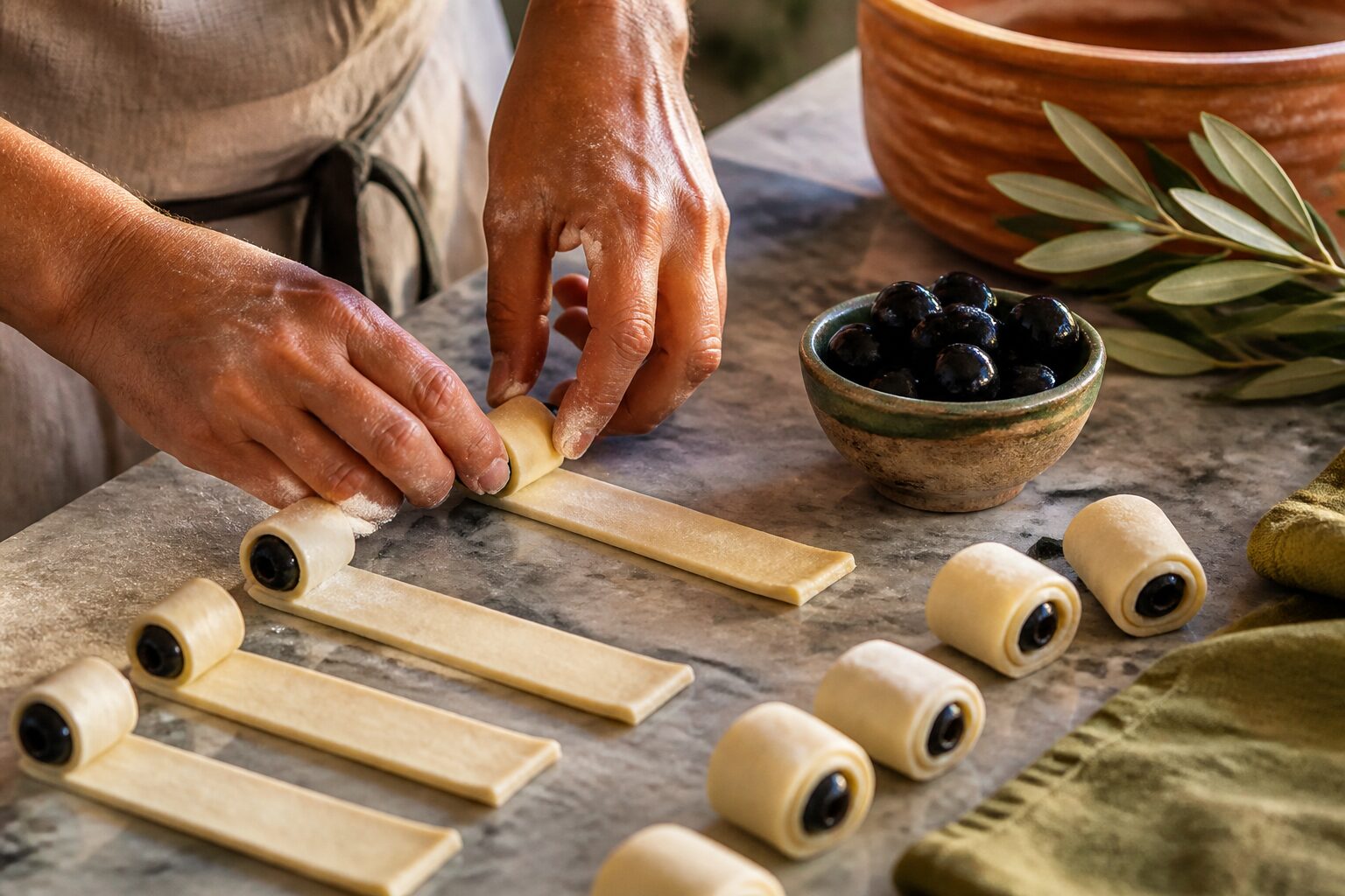 Mains qui façonnent des feuilletés aux olives noires sur un plan de travail en marbre, petits fours salés en cours de préparation