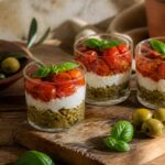 Recette entrée simple et originale : verrines tapenade verte, chèvre frais et tomates cerises rôties