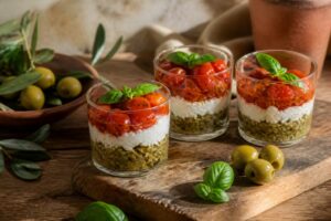 Recette entrée simple et originale : verrines tapenade verte, chèvre frais et tomates cerises rôties